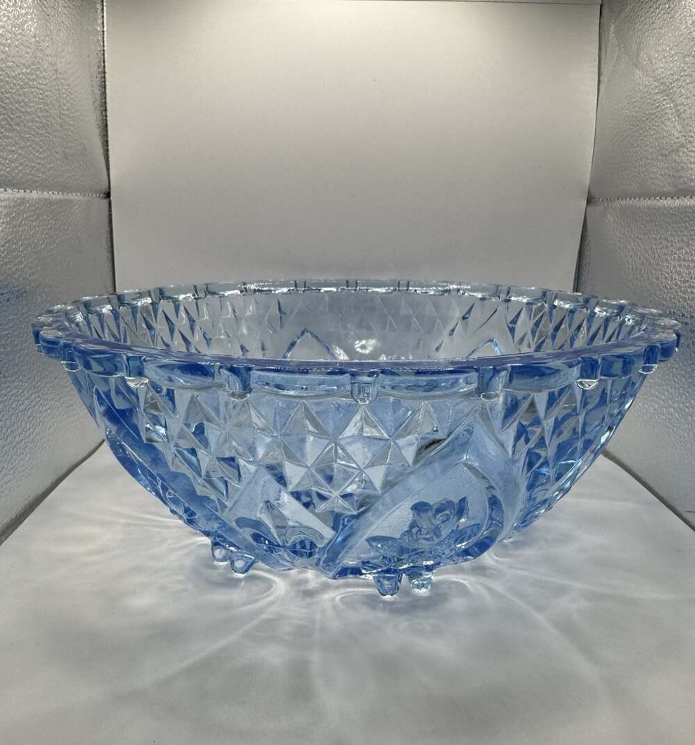 Vintage Blue Pressed Glass Rose Floral Serving Bowl 10" Footed Scalloped
